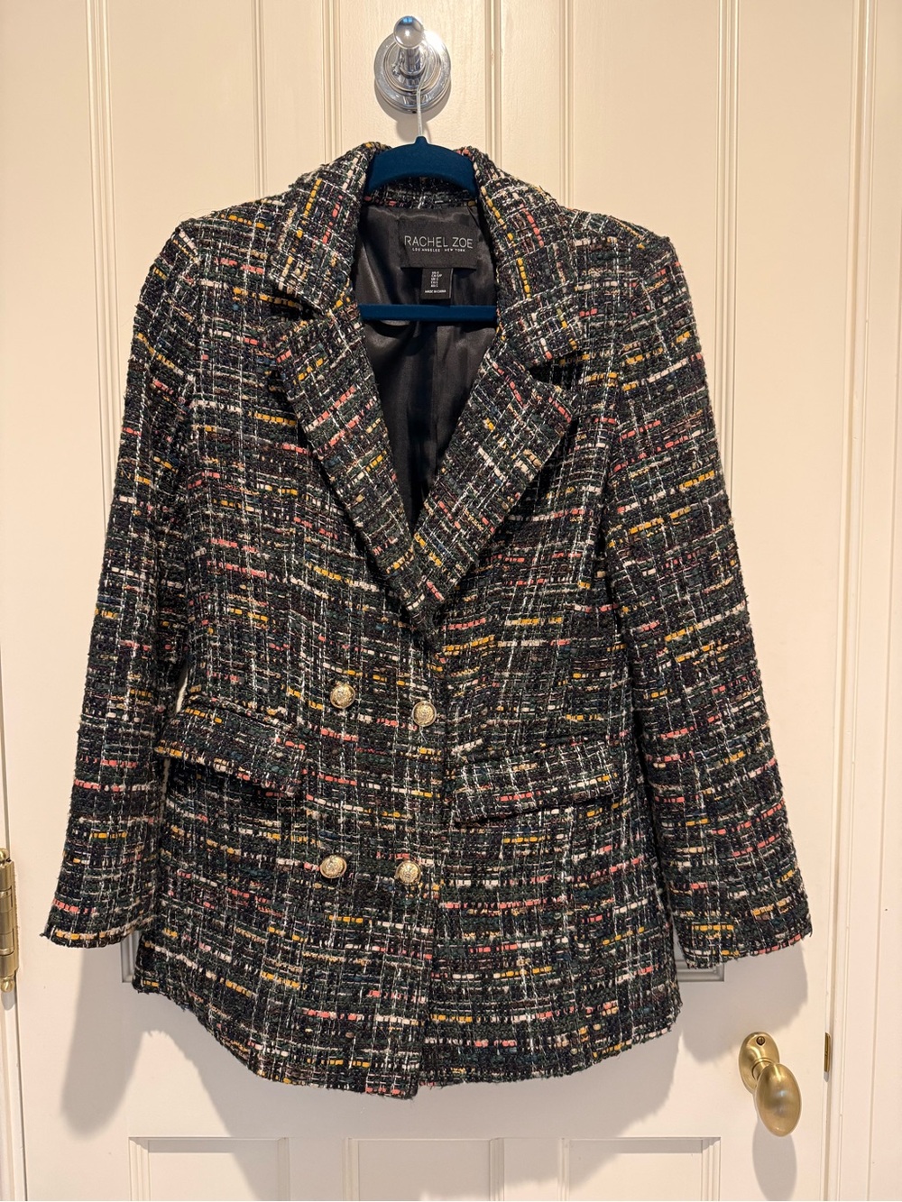 Rachel Zoe Black Tweed Double-Breasted Blazer with Multicolor Thread